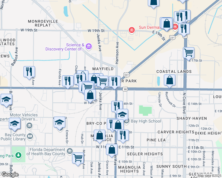 map of restaurants, bars, coffee shops, grocery stores, and more near 30 Florida 30A in Panama City