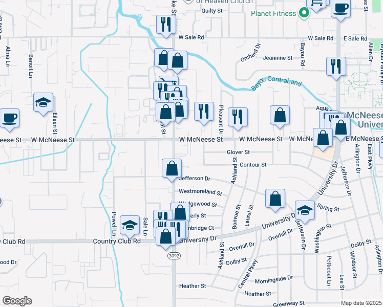 map of restaurants, bars, coffee shops, grocery stores, and more near 4505 Lake Street in Lake Charles