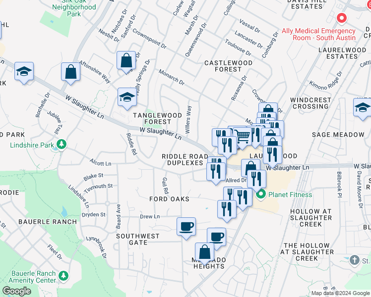map of restaurants, bars, coffee shops, grocery stores, and more near 2417 West Slaughter Lane in Austin