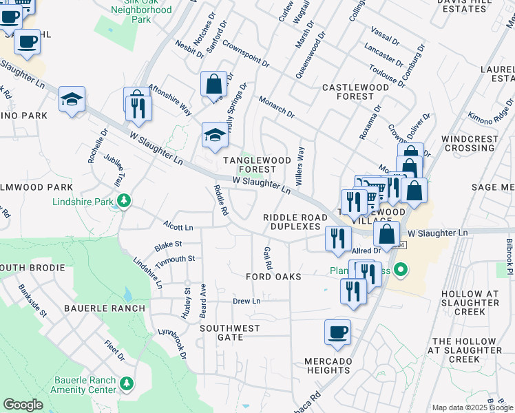 map of restaurants, bars, coffee shops, grocery stores, and more near 2511 Howellwood Way in Austin