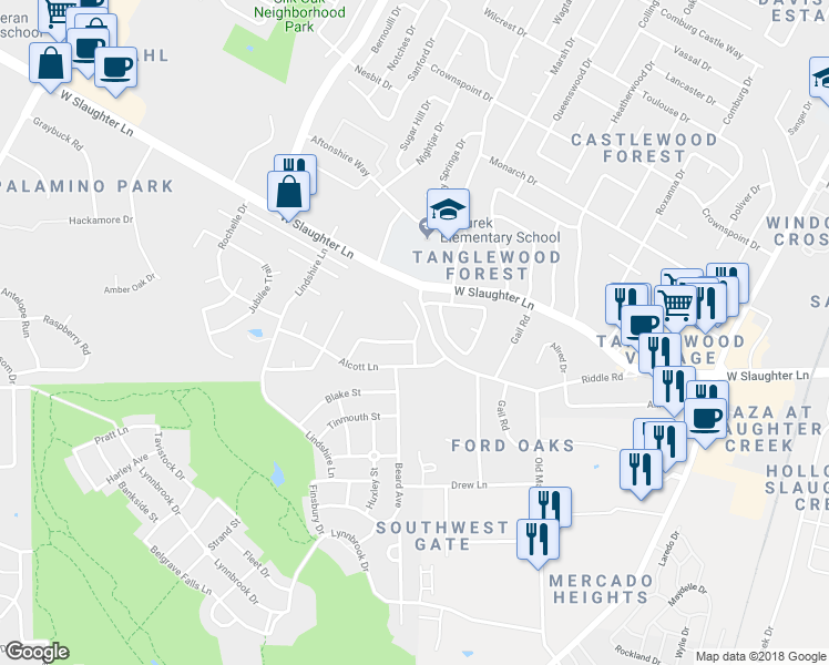 map of restaurants, bars, coffee shops, grocery stores, and more near 2618 Gwendolyn Lane in Austin