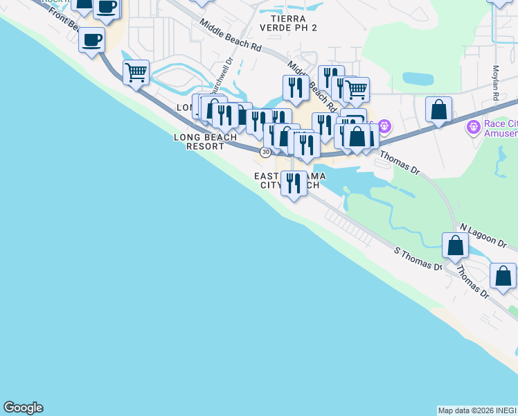 map of restaurants, bars, coffee shops, grocery stores, and more near 10513 Front Beach Road in Panama City Beach