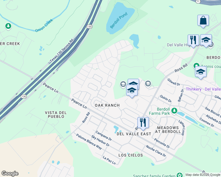map of restaurants, bars, coffee shops, grocery stores, and more near 11304 Los Robles Circle in Del Valle