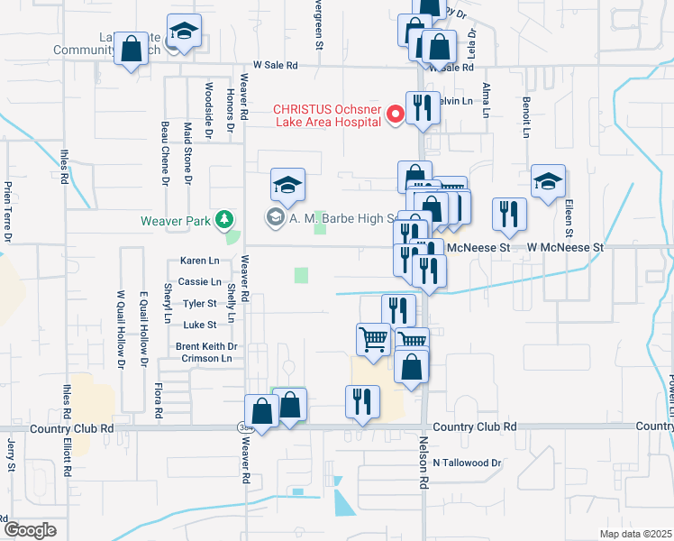 map of restaurants, bars, coffee shops, grocery stores, and more near 2016 Wilmax Street in Lake Charles
