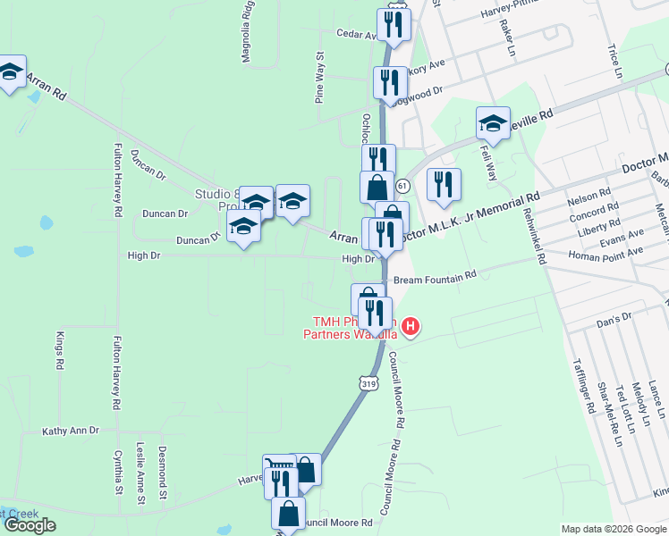 map of restaurants, bars, coffee shops, grocery stores, and more near 29 Old Courthouse Way in Crawfordville