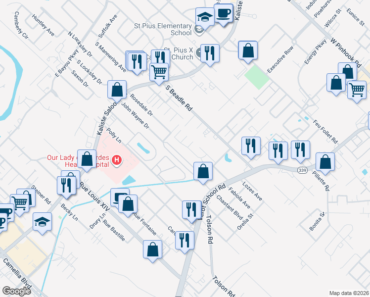 map of restaurants, bars, coffee shops, grocery stores, and more near 100 Emerald Sands Lane in Lafayette
