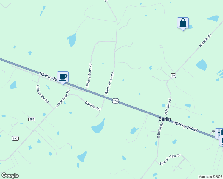 map of restaurants, bars, coffee shops, grocery stores, and more near 88 Windy Acres Road in Brenham