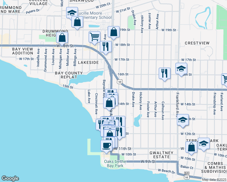 map of restaurants, bars, coffee shops, grocery stores, and more near 2901 U.S. 98 in Panama City