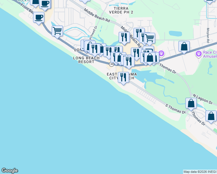 map of restaurants, bars, coffee shops, grocery stores, and more near 9900 South Thomas Drive in Panama City Beach