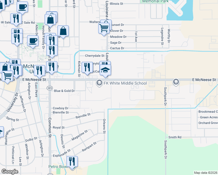 map of restaurants, bars, coffee shops, grocery stores, and more near 4412 Louisiana Avenue in Lake Charles