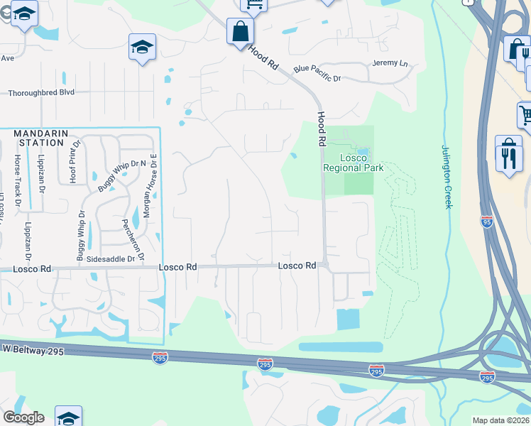 map of restaurants, bars, coffee shops, grocery stores, and more near 11035 Skylark Drive in Jacksonville