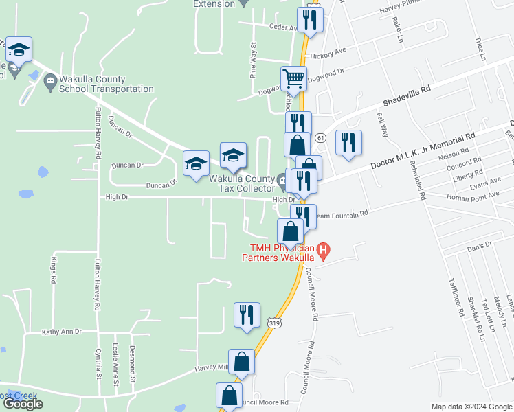 map of restaurants, bars, coffee shops, grocery stores, and more near 6C Old Courthouse Way in Crawfordville