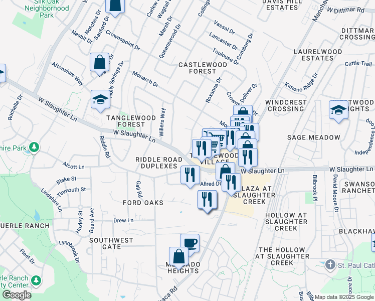map of restaurants, bars, coffee shops, grocery stores, and more near 2404 West Slaughter Lane in Austin