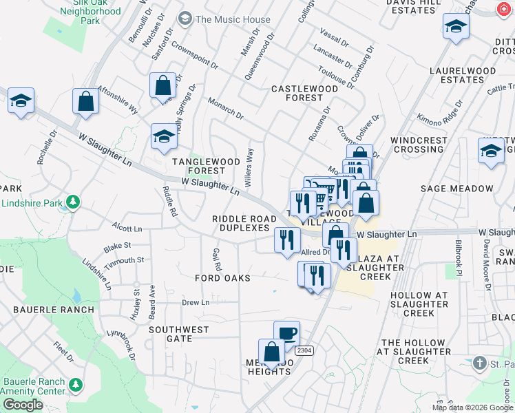 map of restaurants, bars, coffee shops, grocery stores, and more near 2417 West Slaughter Lane in Austin