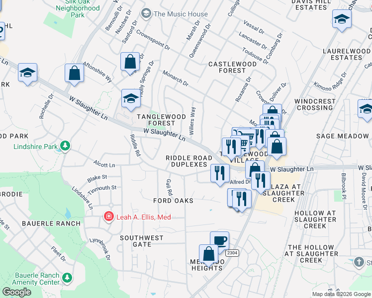 map of restaurants, bars, coffee shops, grocery stores, and more near 2417 West Slaughter Lane in Austin