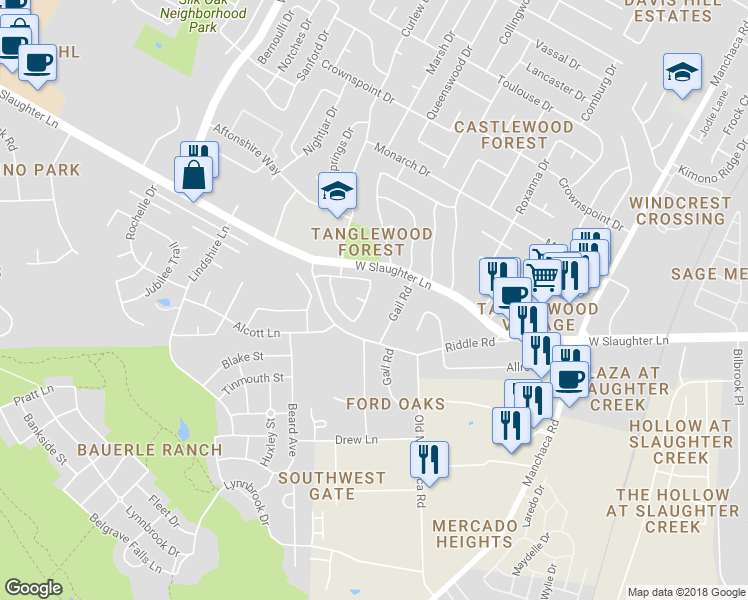 map of restaurants, bars, coffee shops, grocery stores, and more near 2511 Howellwood Way in Austin