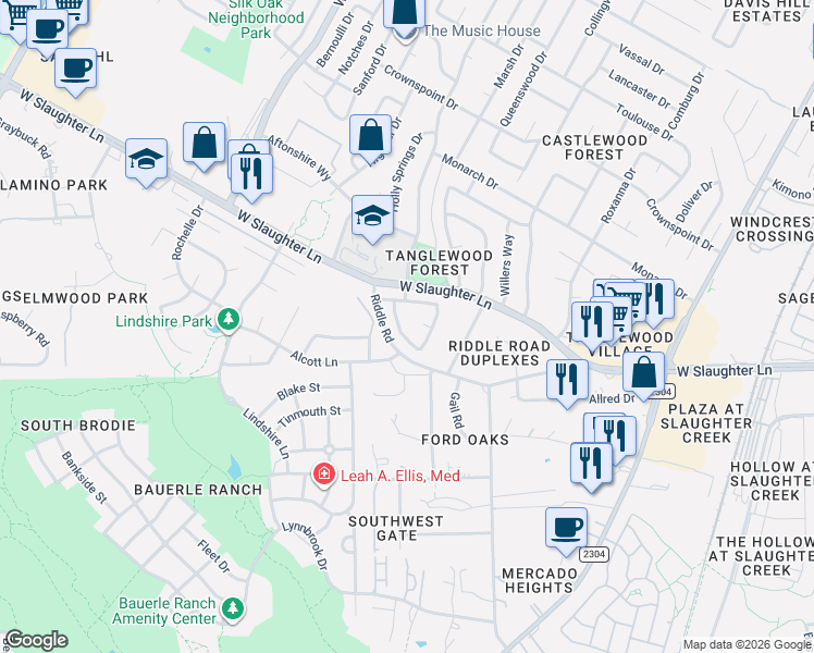 map of restaurants, bars, coffee shops, grocery stores, and more near 2621 Garrettson Drive in Austin