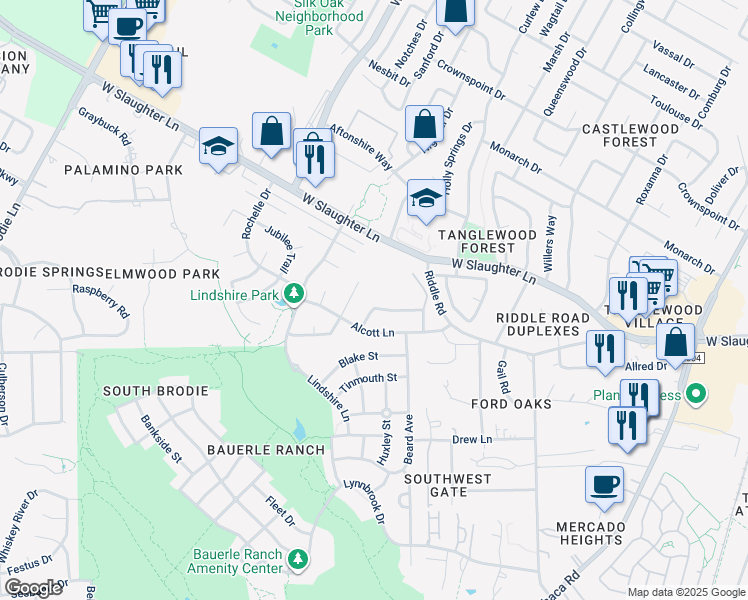 map of restaurants, bars, coffee shops, grocery stores, and more near 2634 Gwendolyn Lane in Austin