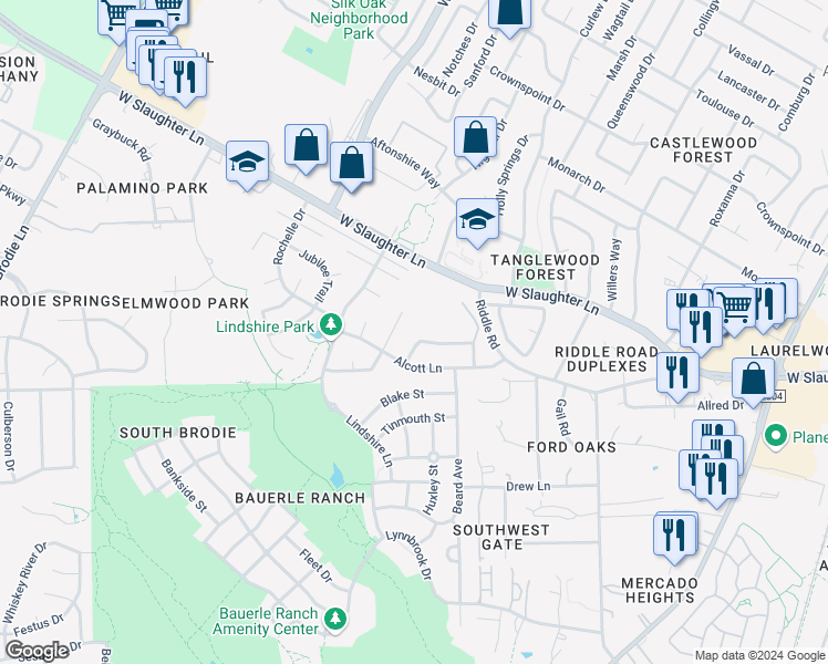 map of restaurants, bars, coffee shops, grocery stores, and more near 2634 Gwendolyn Lane in Austin