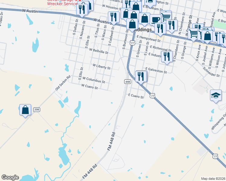 map of restaurants, bars, coffee shops, grocery stores, and more near 948 South Williamson Street in Giddings