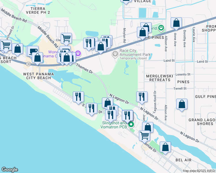 map of restaurants, bars, coffee shops, grocery stores, and more near 9661 Thomas Drive in Panama City Beach