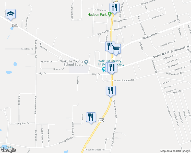 map of restaurants, bars, coffee shops, grocery stores, and more near 4C Old Courthouse Way in Crawfordville