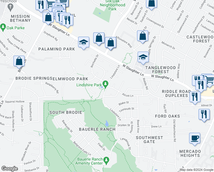 map of restaurants, bars, coffee shops, grocery stores, and more near 10102 Alcott Lane in Austin