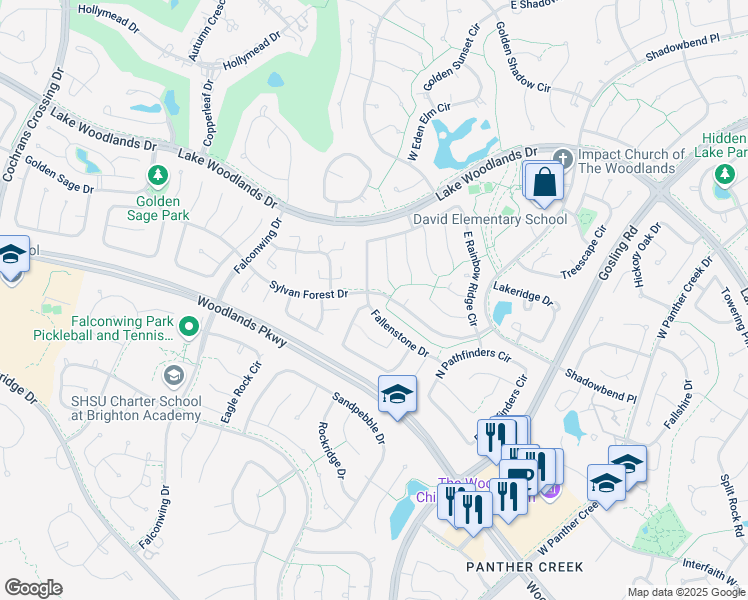 map of restaurants, bars, coffee shops, grocery stores, and more near 80 Fallenstone Drive in The Woodlands