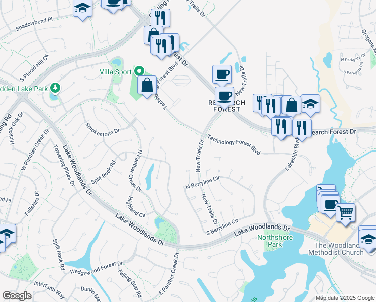 map of restaurants, bars, coffee shops, grocery stores, and more near 9303 New Trails Drive in The Woodlands