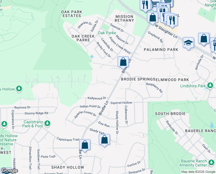 map of restaurants, bars, coffee shops, grocery stores, and more near 3511 Wyldwood Road in Austin