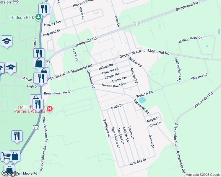 map of restaurants, bars, coffee shops, grocery stores, and more near 60 Homan Point Avenue in Crawfordville