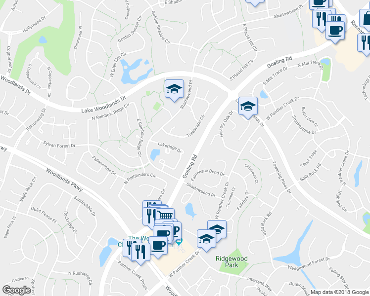map of restaurants, bars, coffee shops, grocery stores, and more near 62 North Lakeridge Circle in The Woodlands