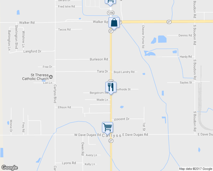 map of restaurants, bars, coffee shops, grocery stores, and more near 4966 Louisiana 27 in Sulphur