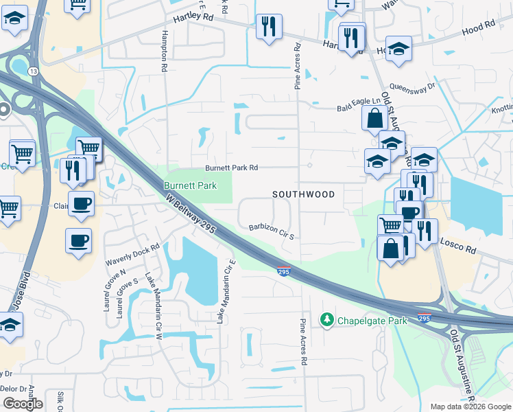 map of restaurants, bars, coffee shops, grocery stores, and more near 3676 Barbizon Circle North in Jacksonville