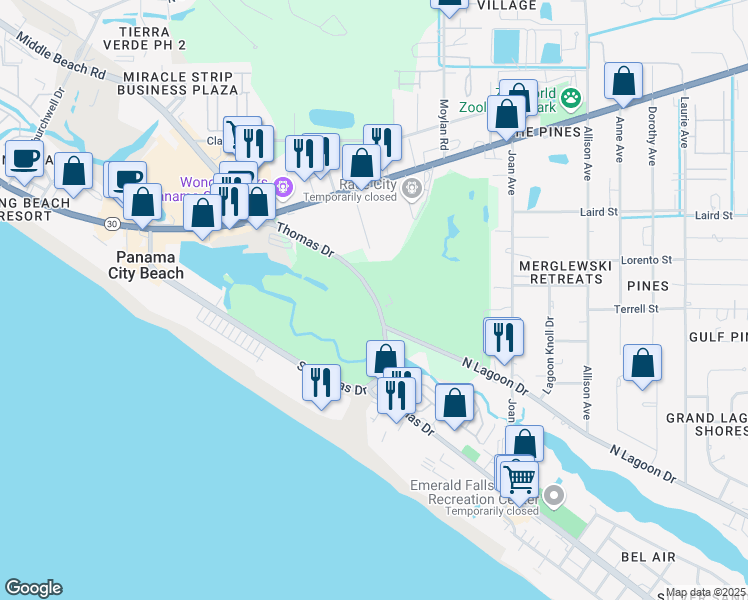 map of restaurants, bars, coffee shops, grocery stores, and more near 9409-9661 Thomas Drive in Panama City Beach