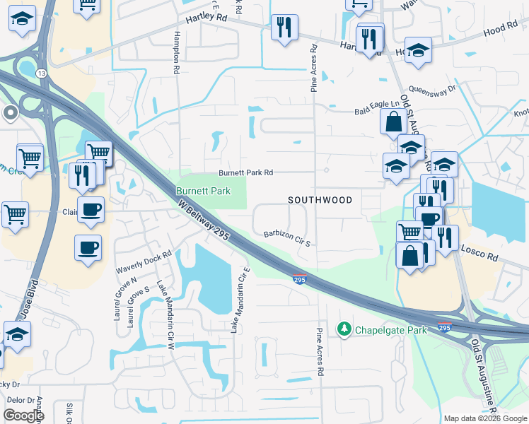map of restaurants, bars, coffee shops, grocery stores, and more near 3676 Barbizon Circle North in Jacksonville