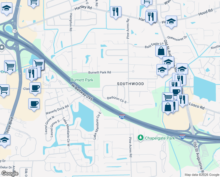map of restaurants, bars, coffee shops, grocery stores, and more near 3676 Barbizon Circle North in Jacksonville
