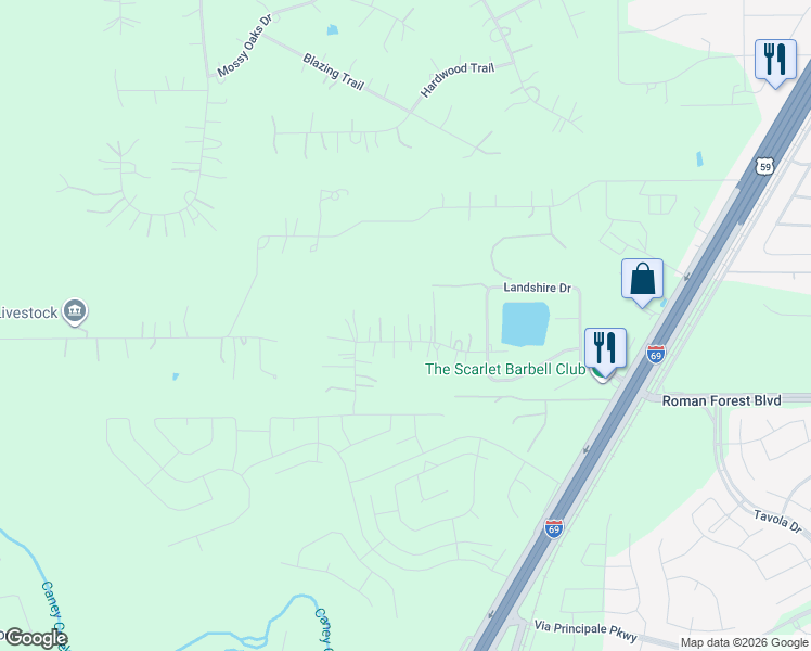map of restaurants, bars, coffee shops, grocery stores, and more near 23213 Parkshire Court in New Caney