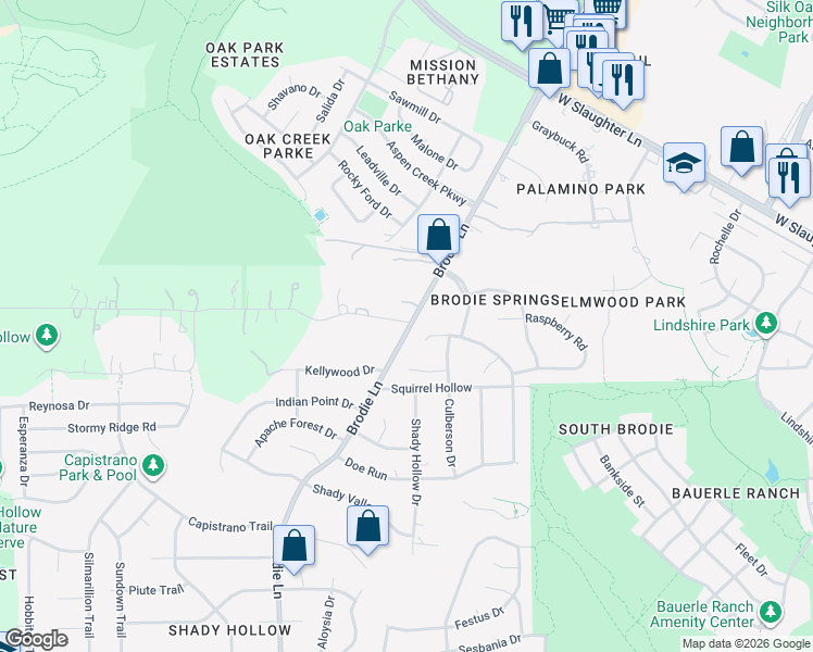 map of restaurants, bars, coffee shops, grocery stores, and more near 3511 Wyldwood Road in Austin