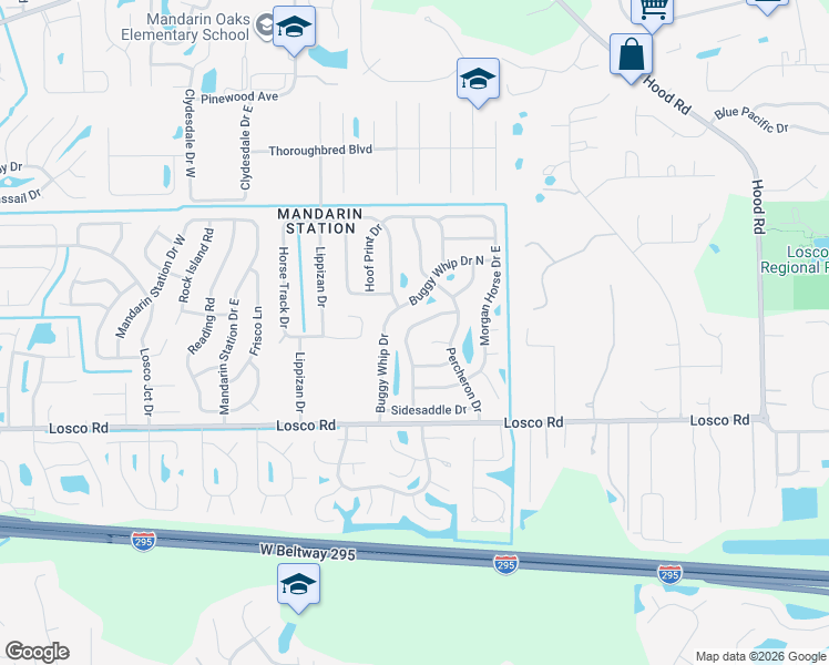 map of restaurants, bars, coffee shops, grocery stores, and more near 10945 Steeding Horse Drive in Jacksonville