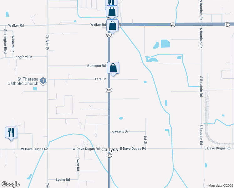 map of restaurants, bars, coffee shops, grocery stores, and more near 4955 Louisiana 27 in Sulphur