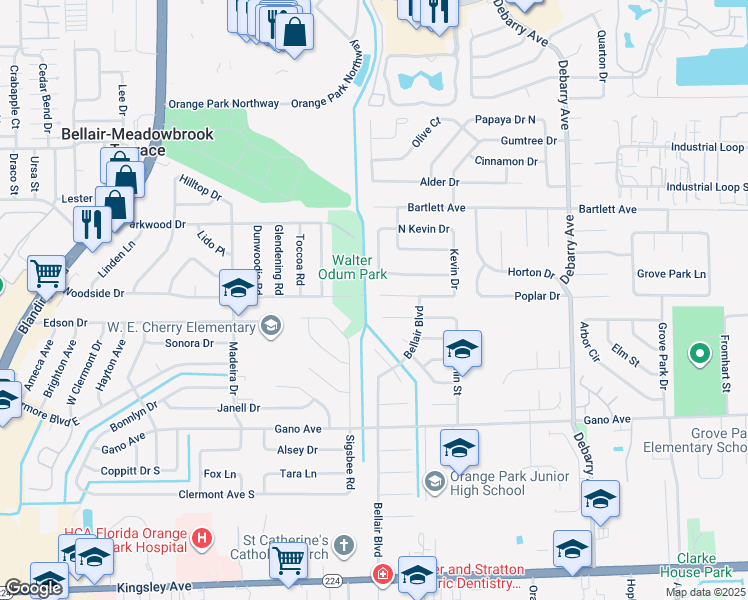 map of restaurants, bars, coffee shops, grocery stores, and more near 527 Kevin Drive in Orange Park