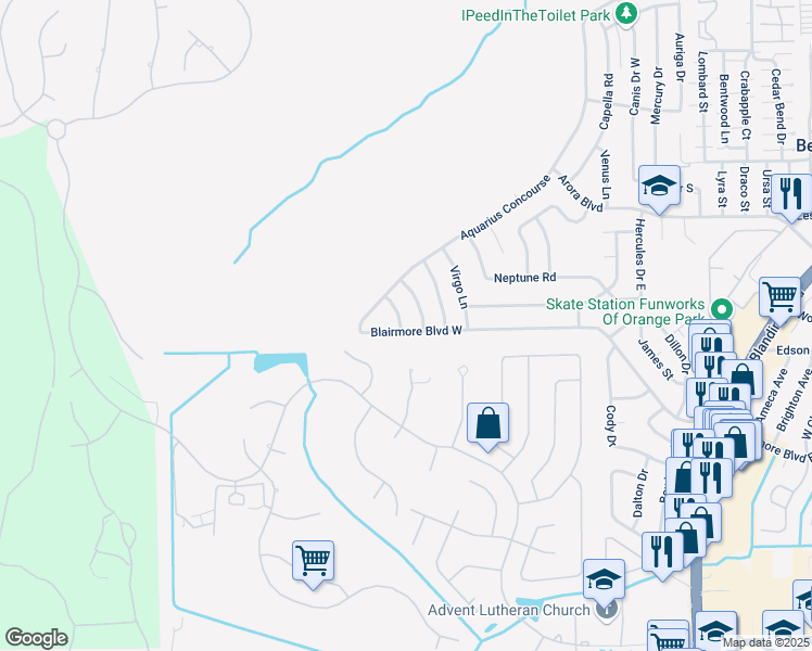map of restaurants, bars, coffee shops, grocery stores, and more near 401 Libra Lane in Orange Park