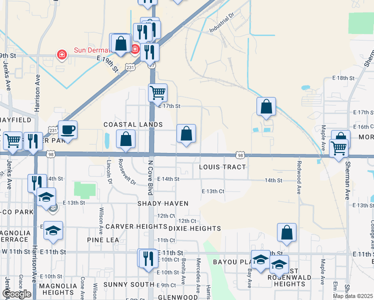 map of restaurants, bars, coffee shops, grocery stores, and more near 823 East 15th Street in Panama City