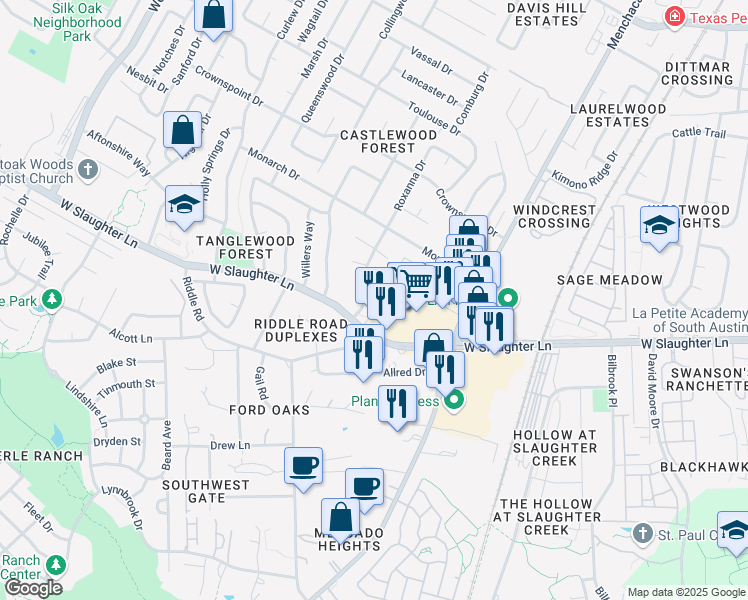 map of restaurants, bars, coffee shops, grocery stores, and more near 9901 Roxanna Drive in Austin