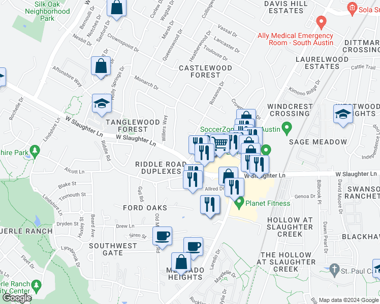 map of restaurants, bars, coffee shops, grocery stores, and more near 2404 West Slaughter Lane in Austin