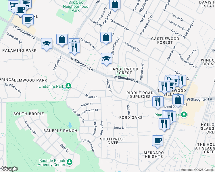 map of restaurants, bars, coffee shops, grocery stores, and more near 2621 Garrettson Drive in Austin