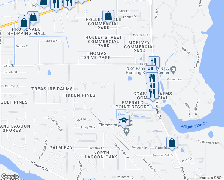 map of restaurants, bars, coffee shops, grocery stores, and more near 436 Hidden Island Drive in Panama City Beach