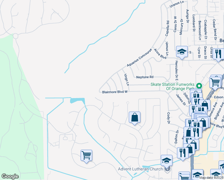 map of restaurants, bars, coffee shops, grocery stores, and more near 401 Libra Lane in Orange Park