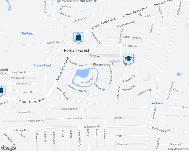 map of restaurants, bars, coffee shops, grocery stores, and more near 128 Artesian Way in Roman Forest